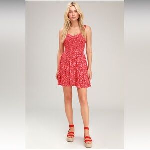 Lulu’s Mellie Red Floral Print Smocked Mini Dress
